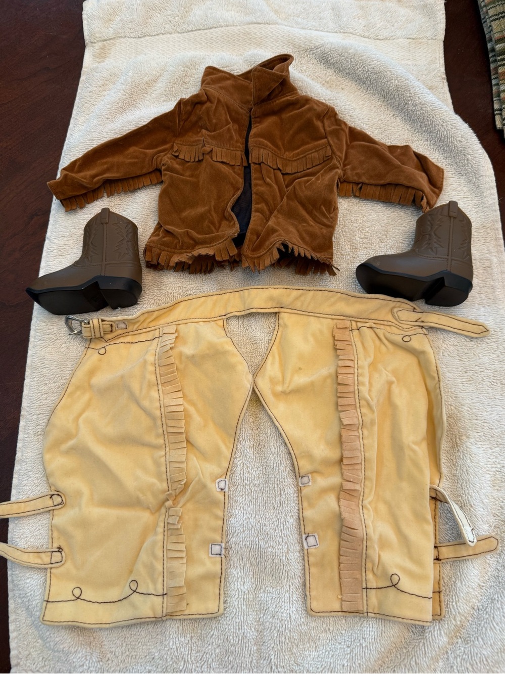 Children's TOY dress up Western Fringe Jacket, Chaps & Boots Set in Brown-cream